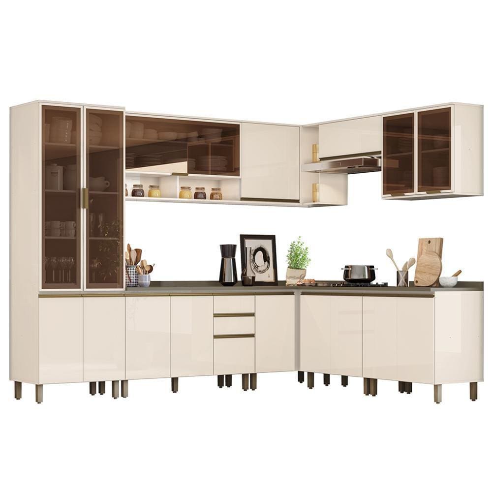 Cozinha Completa de Canto 9 Peças Connect com Cristaleira e Aéreo Vidro - Móveis Henn