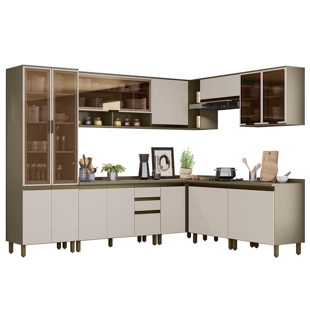 Cozinha Completa de Canto 9 Peças Connect com Cristaleira e Aéreo Vidro - Móveis Henn