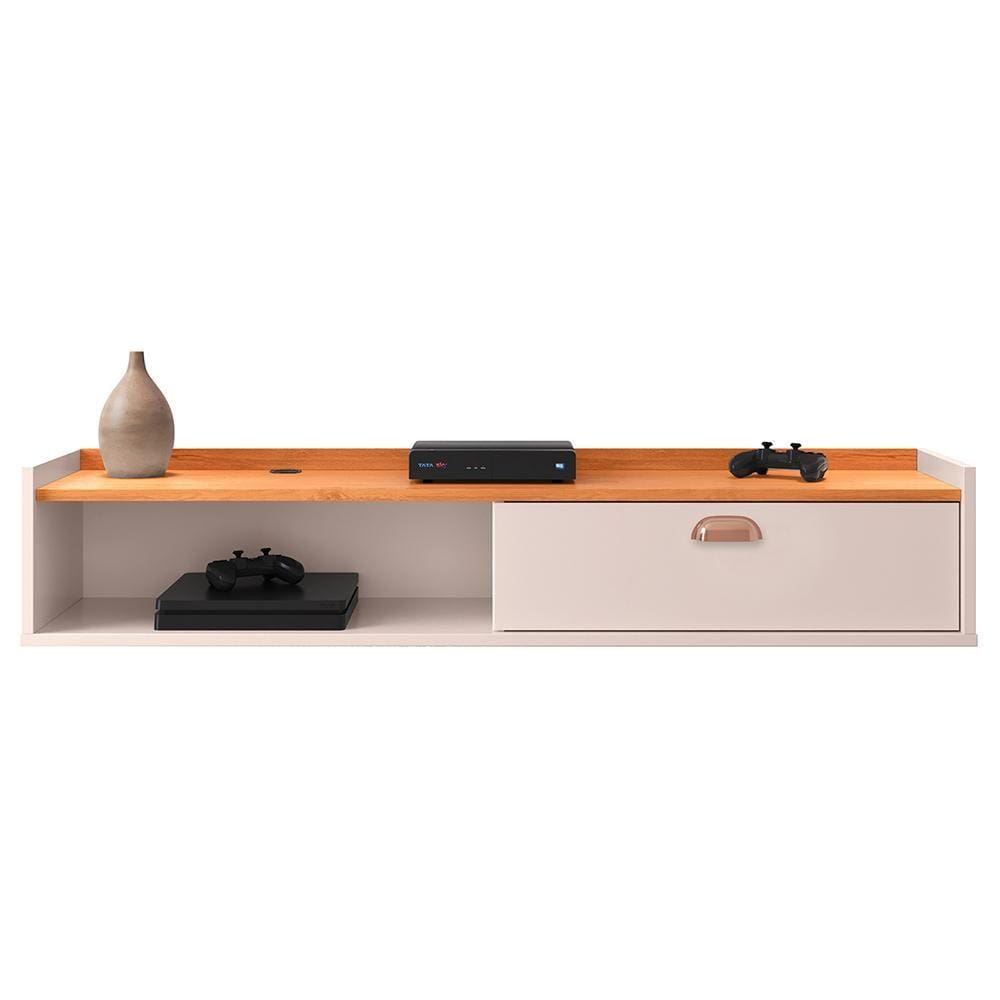Rack Suspenso Tv 1.20 Home Decor 1 Portas Puxador Concha Nicho Decorativo Organizador Sala Quarto - Off White/Cinamomo - RPM Móveis