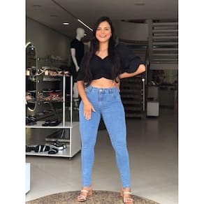 Calça Jeans Claro Feminina Skinny Cintura Alta Barra Feita