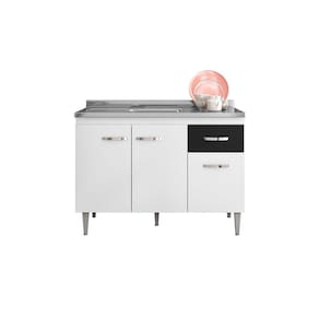 Balcão Cozinha Gabriela 120 cm Com Pés 3 Portas 1 Gaveta Flex Bco Pto - AJL Móveis