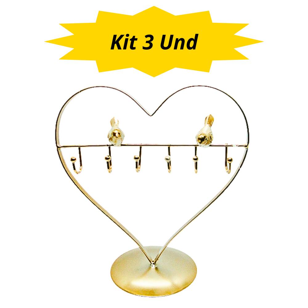 Kit 3 und - Porta Joias - Aramado - Base Metalizado - Coração com Passaro - 6 ganchos