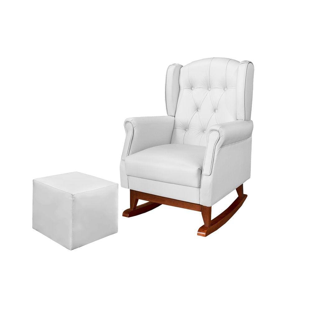 Poltrona de Amamentação Leticia Canoa Balanço Com Puff Reto Maternidade Corino Bco - Phoenix Baby