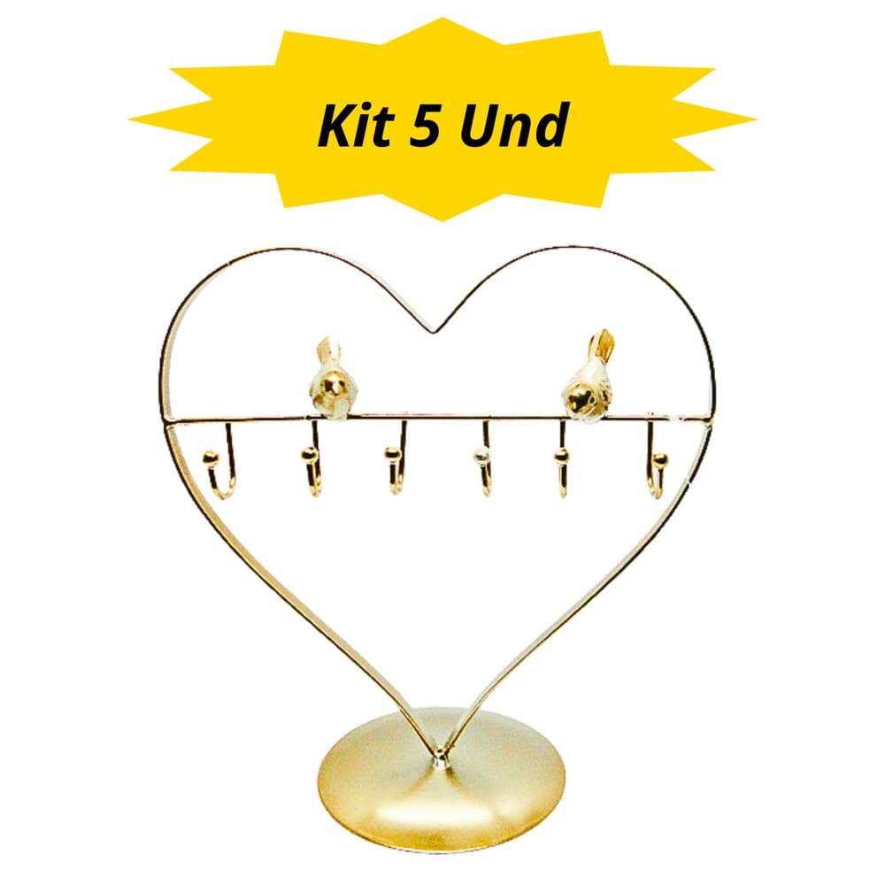 Kit 5 und - Porta Joias - Aramado - Base Metalizado - Coração com Passaro - 6 ganchos