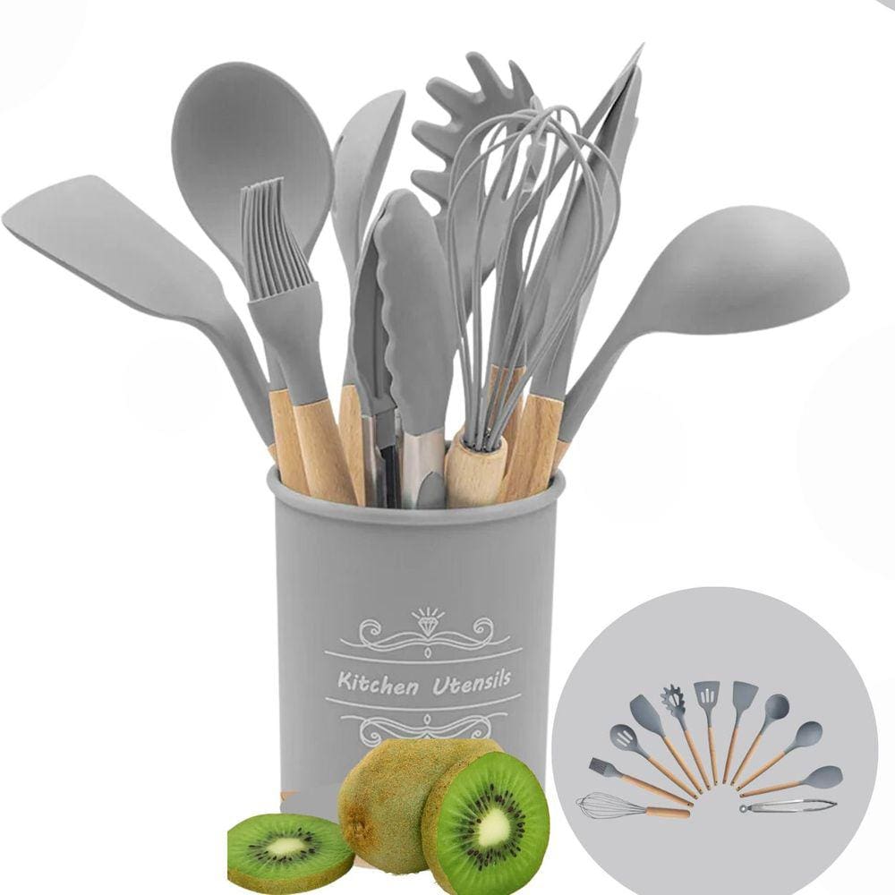 Jogo de Utensilios de Cozinha em Silicone Cabo Madeira 12pç