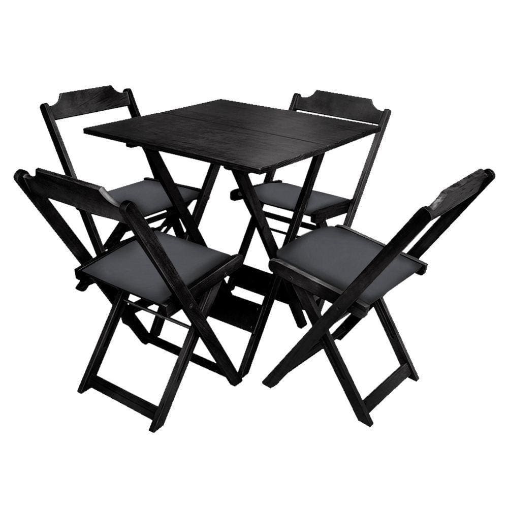 Jogo De Mesa Dobravel De Madeira 60x60 Com 4 Cadeiras Preto Estofado Preto - Preto