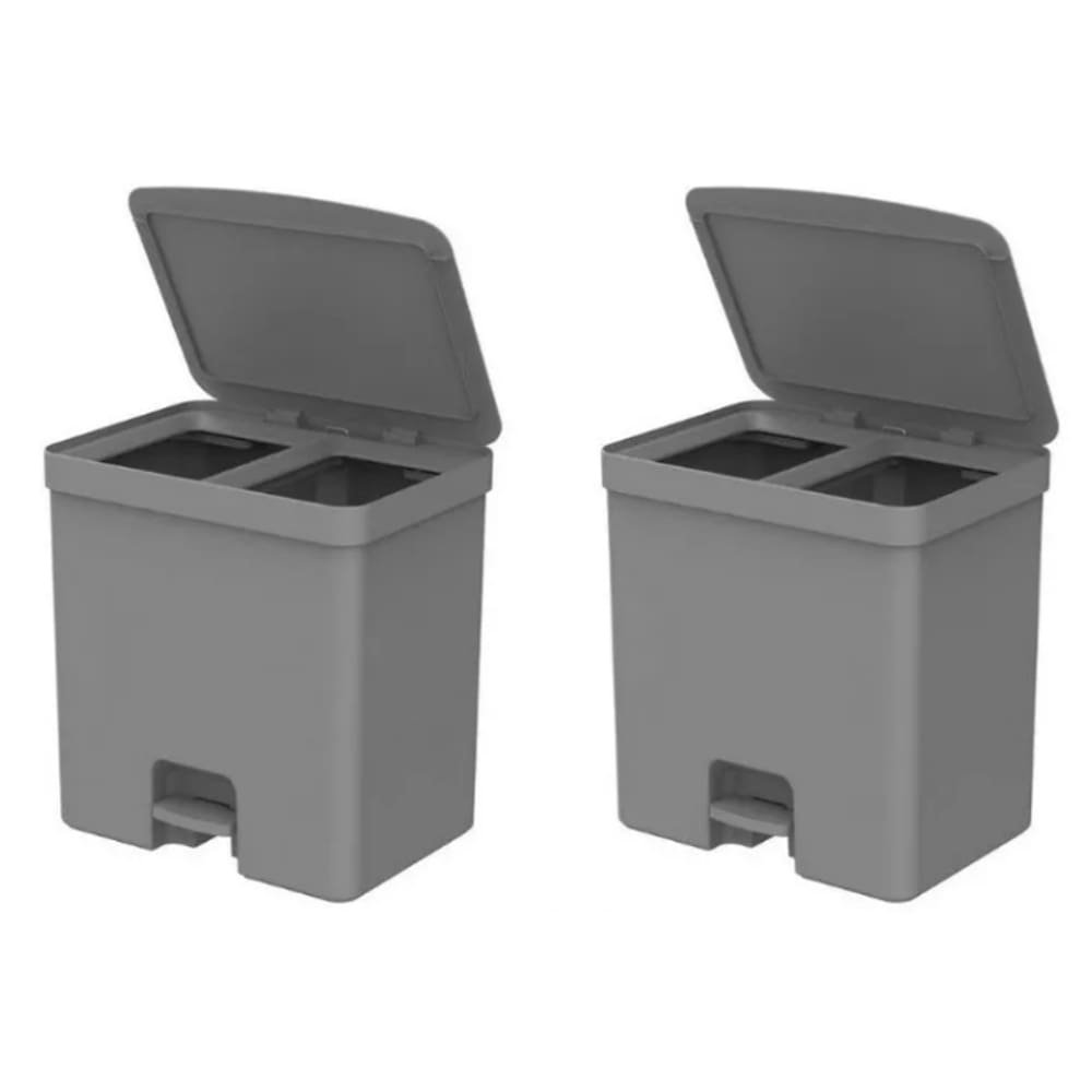 Kit 02 Lixeira Dupla Seletiva Cinza Pedal Reciclagem 20l