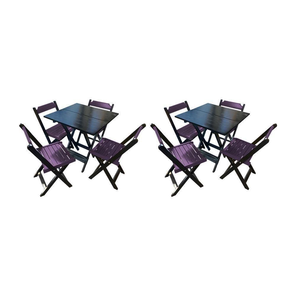 Kit 2 Mesas De Madeira Dobrável Preto 70x70 Com 4 Cadeiras Dobráveis Roxo - Roxo