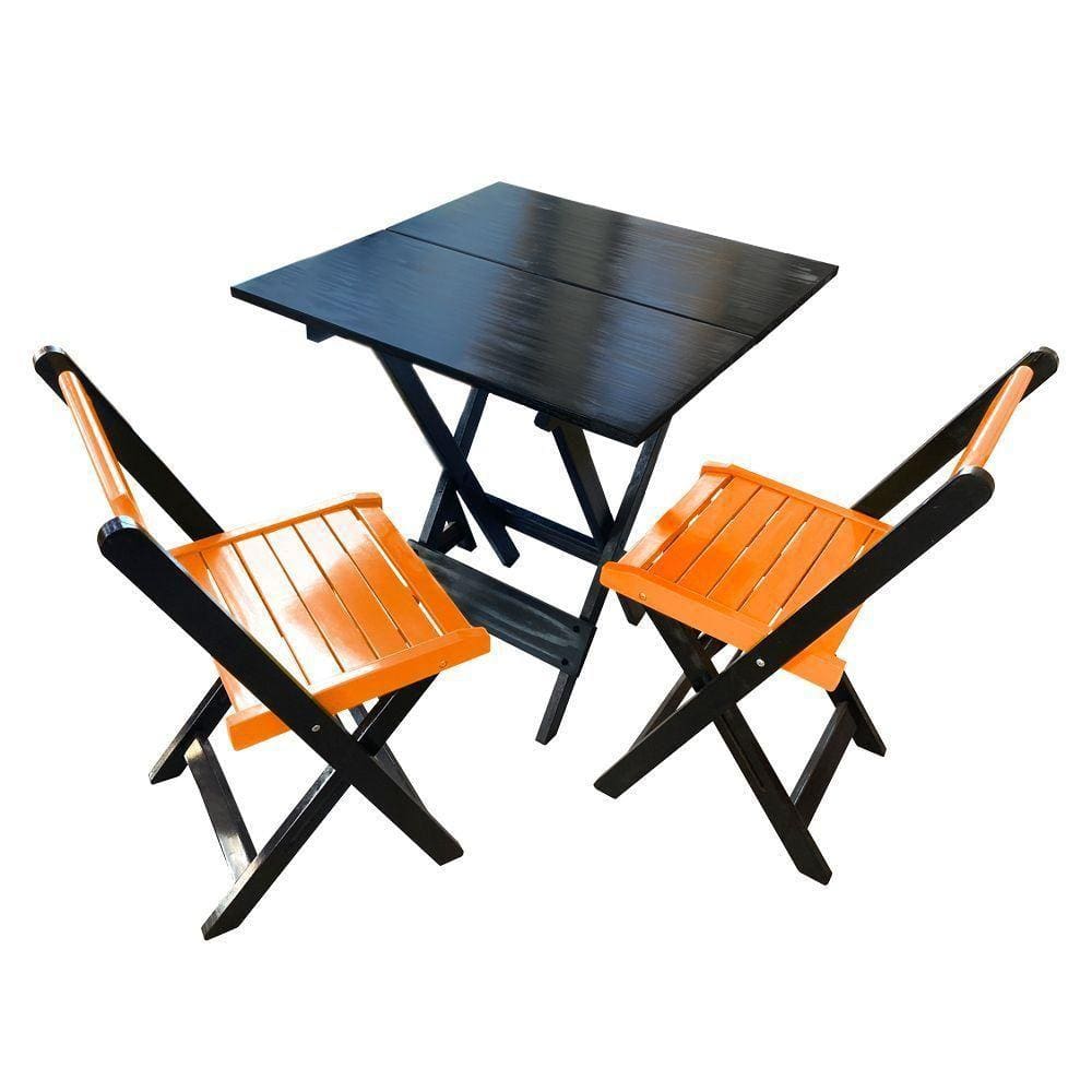 Mesa De Madeira Dobrável Preto 70x70 Com 2 Cadeiras Dobráveis Laranja - Laranja