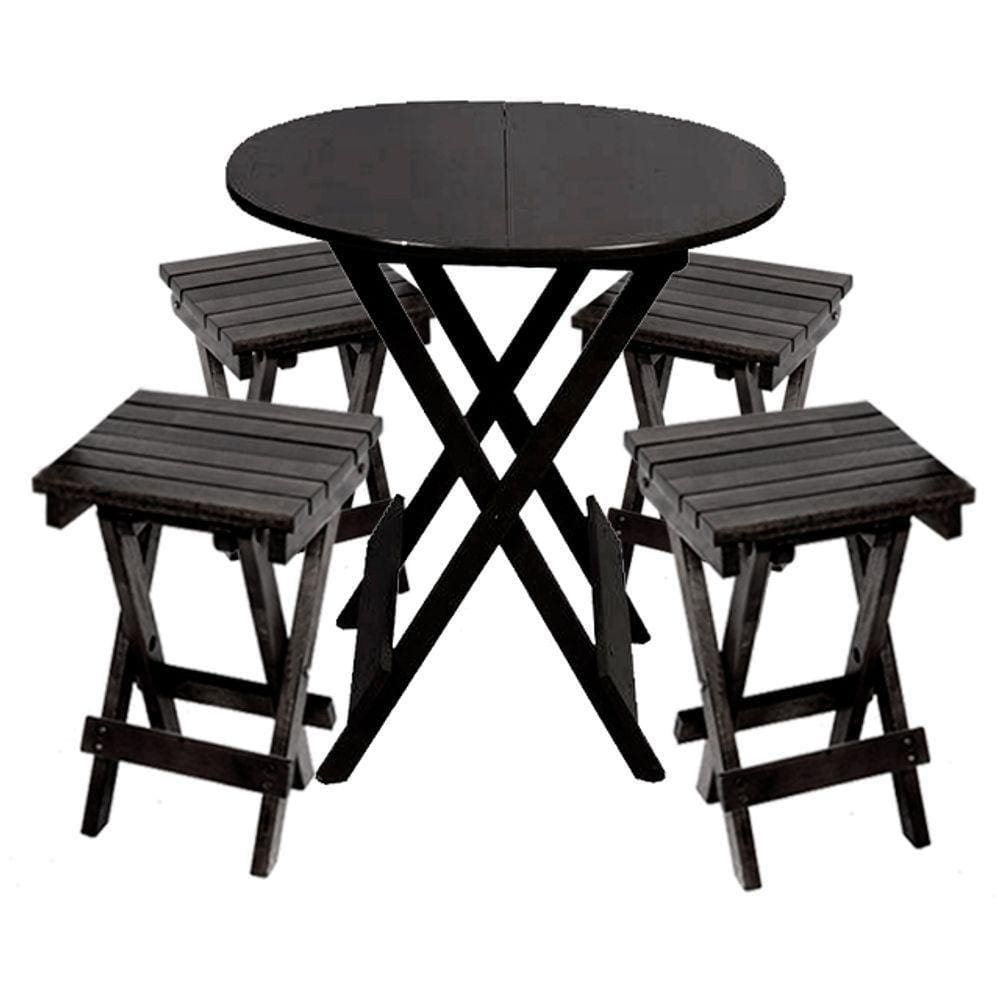 Conjunto Restaurante De Mesa Dobravel 60cm Redondo Com 4 Banquinhos Dobraveis Preto - Preto