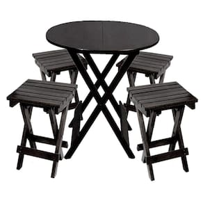 Conjunto De Mesa Dobravel De Madeira 60cm Redondo Com 4 Banquinhos Dobraveis Preto - Preto