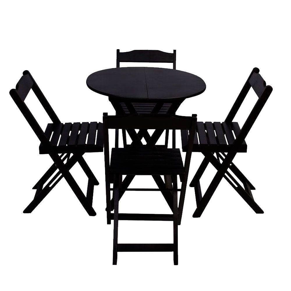 Conjunto De Mesa Dobravel De Madeira 60cm Redondo Com 4 Cadeiras Preto - Preto