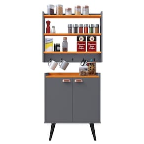Kit Aparador Buffet Retrô 2 Portas Armário Suspenso Prateleiras Ganchos Organizadores Cozinha Pequena - Cinza/Cinamomo - RPM Móveis