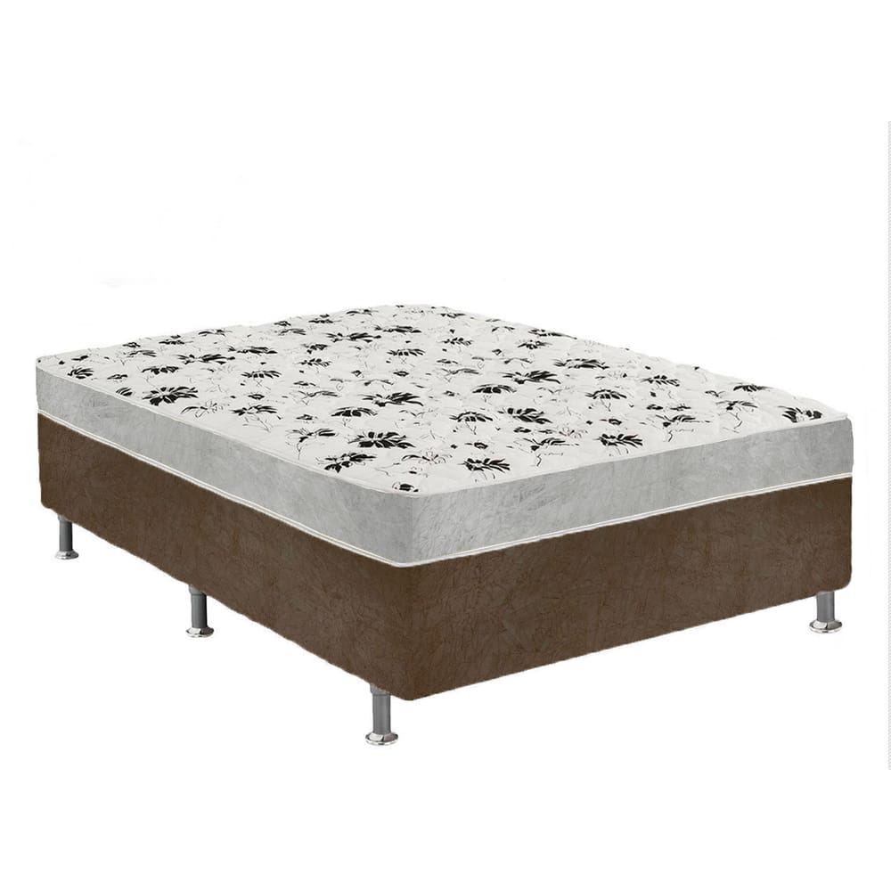 Cama Box Casal Suede Marrom + Colchão Casal Suede Cinza Orto Molas Ensacada 138x188x55