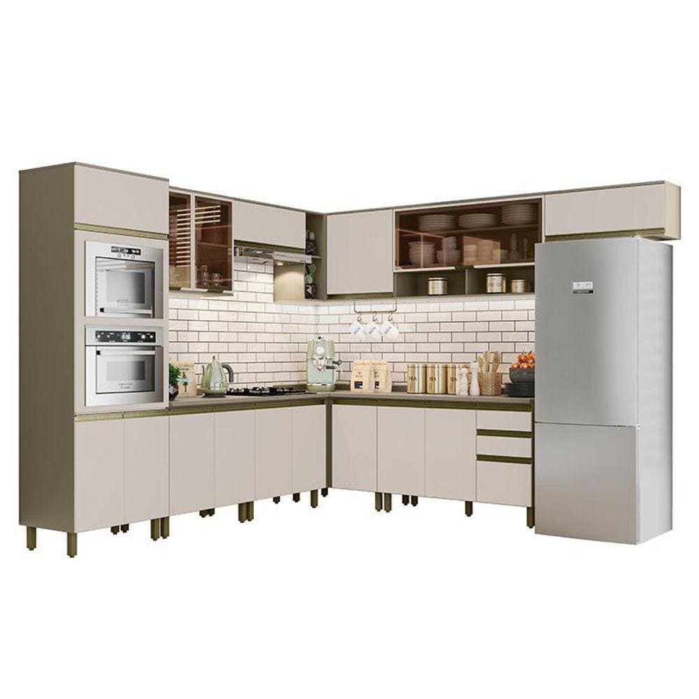 Cozinha Completa de Canto 10 Peças Connect com Torre Quente e Aéreo Vidro - Móveis Henn