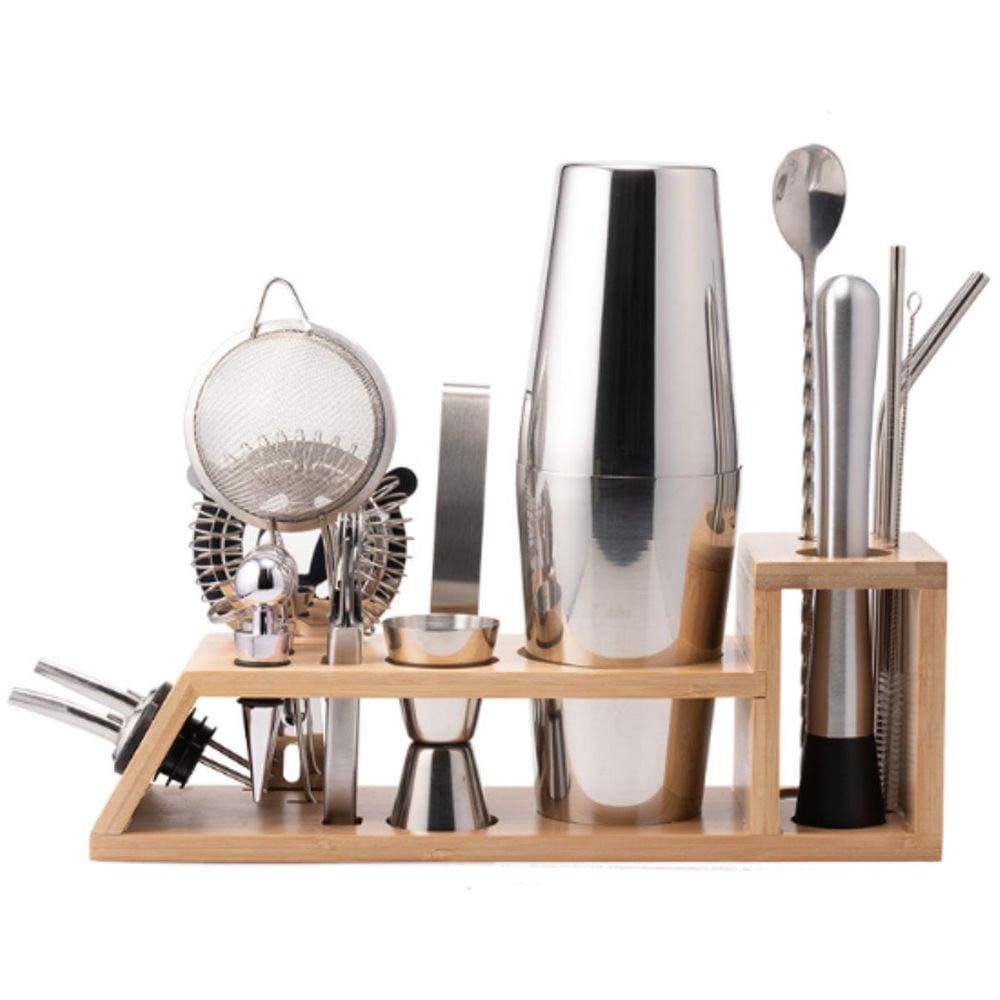 Kit Coqueteleira Em Aço Inox E Suporte De Bambu 17 Peças