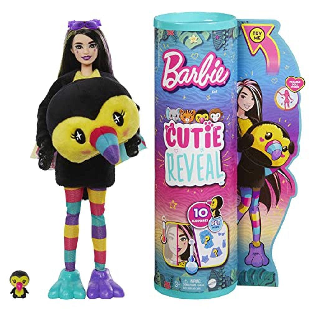 Boneca Cutie Reveal com traje de pelúcia de tucano