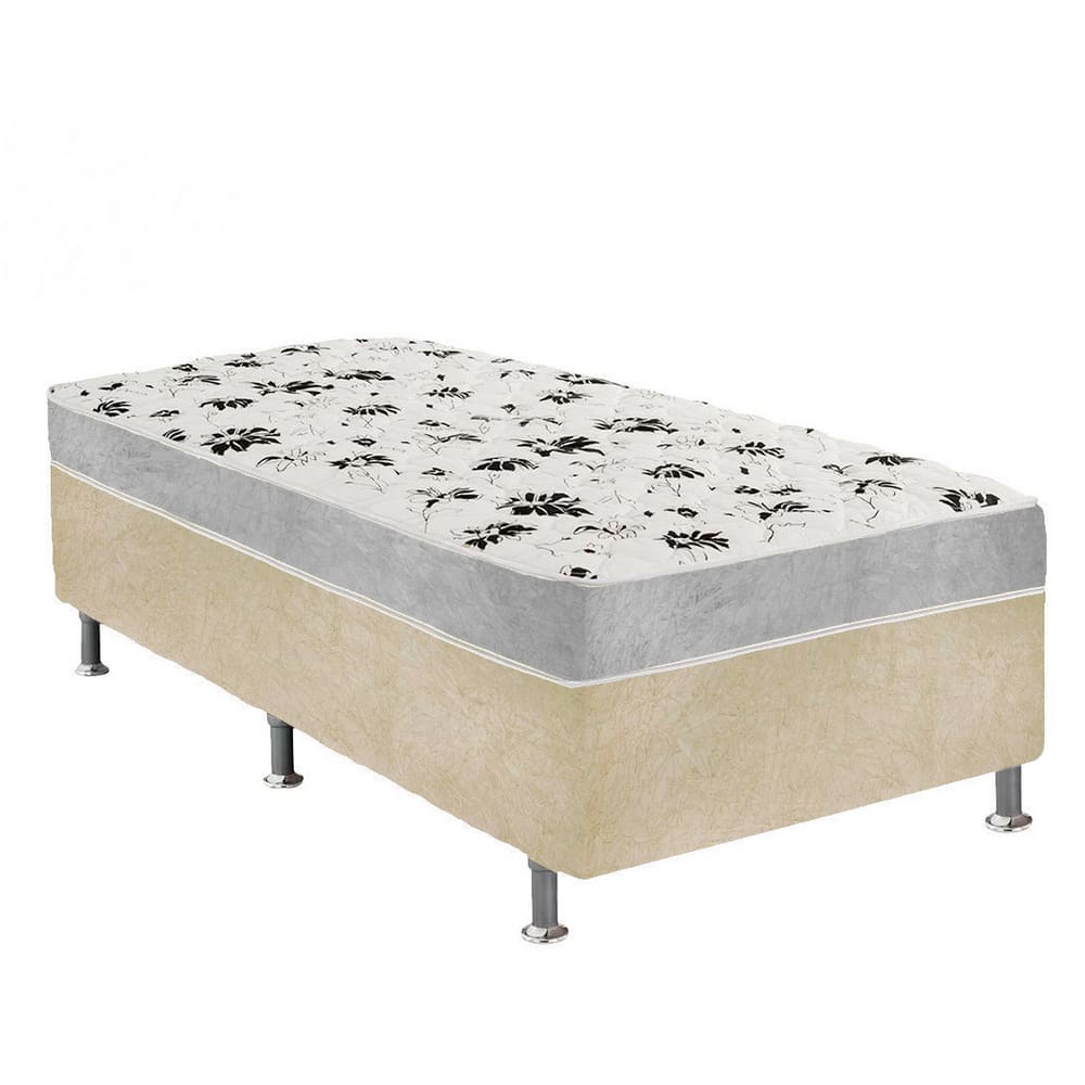 Cama Box Solteiro Suede Bege + Colchão Solteiro Suede Cinza Orto Molas Bonnel 88x188x55