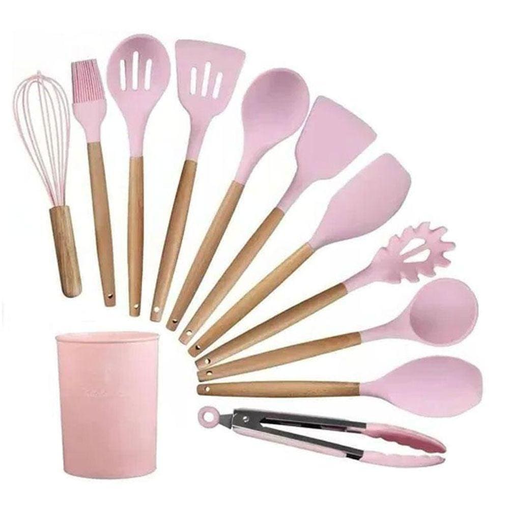 Kit 12 Utensílios De Cozinha Em Silicone Cabo Madeira Rosa