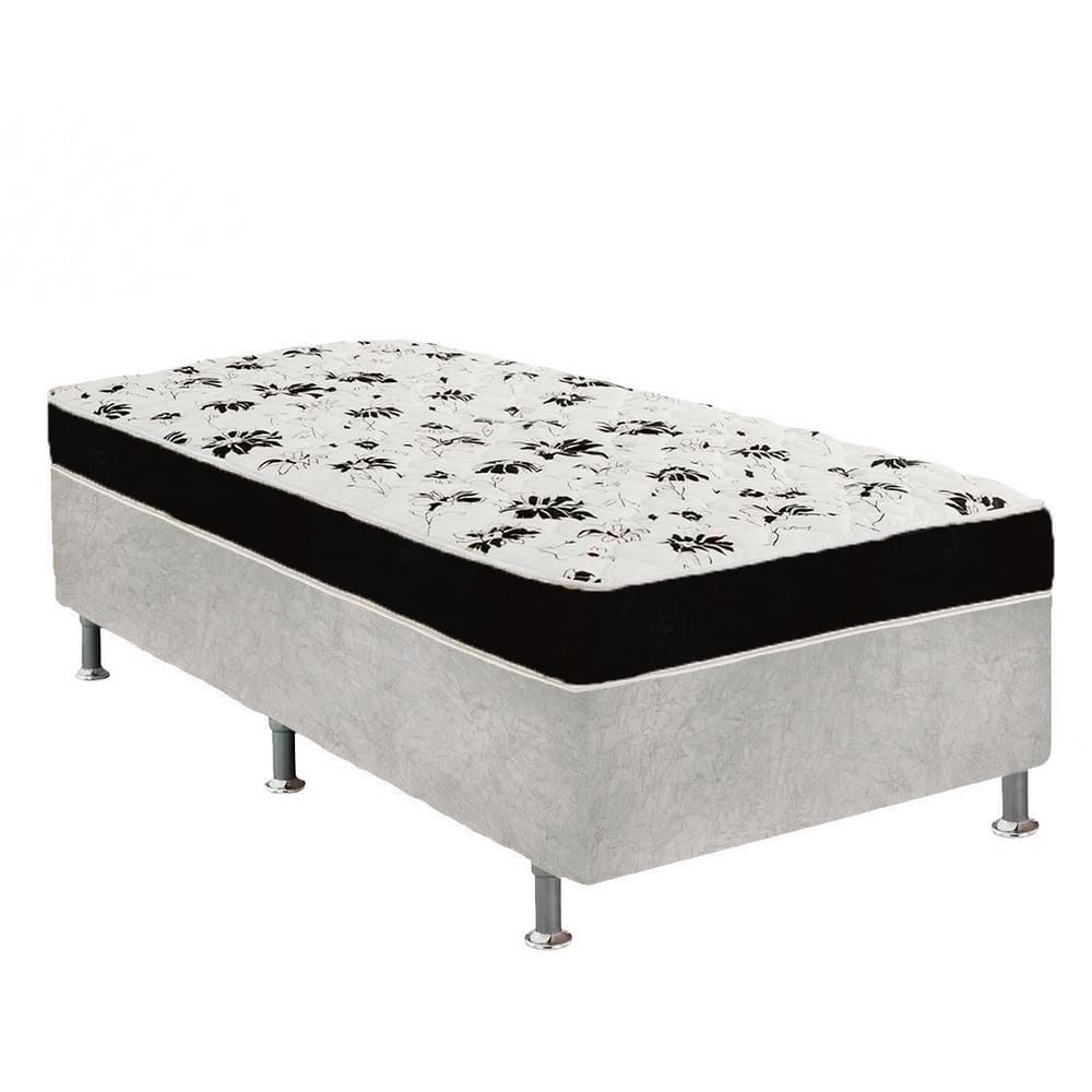Cama Box Solteiro Suede Cinza + Colchão Solteiro Suede Preto Orto Molas Bonnel 88x188x55