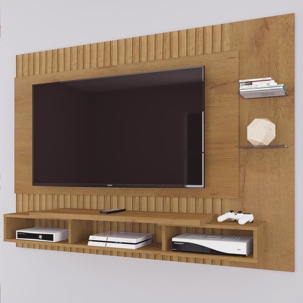 Painel Tv Até 55" Com Prateleiras De Vidro Multimóveis Cr45209 Canelato Rústico 3d