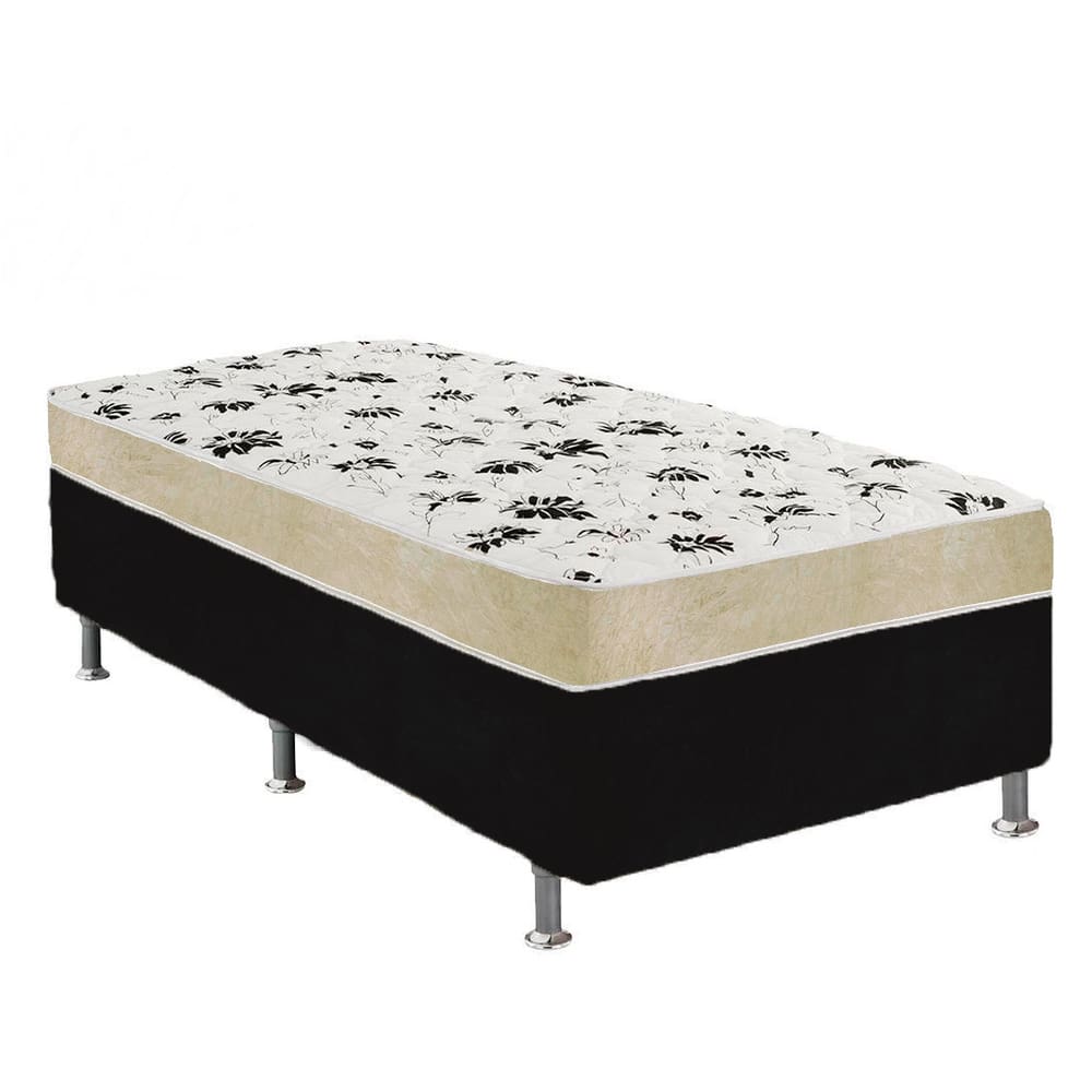 Cama Box Solteiro Suede Preto + Colchão Solteiro Suede Bege Orto Molas Bonnel 88x188x55
