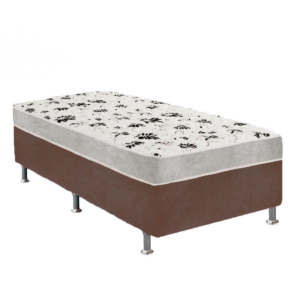 Cama Box Solteiro Suede Marrom + Colchão Solteiro Suede Cinza Orto Molas Bonnel 88x188x55