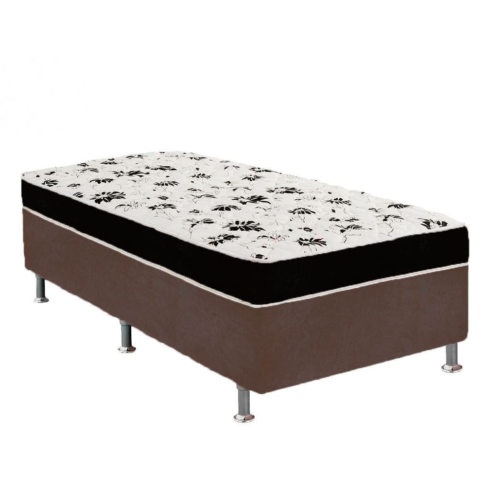 Cama Box Solteiro Suede Marrom + Colchão Solteiro Suede Preto Orto Molas Ensacada 88x188x55