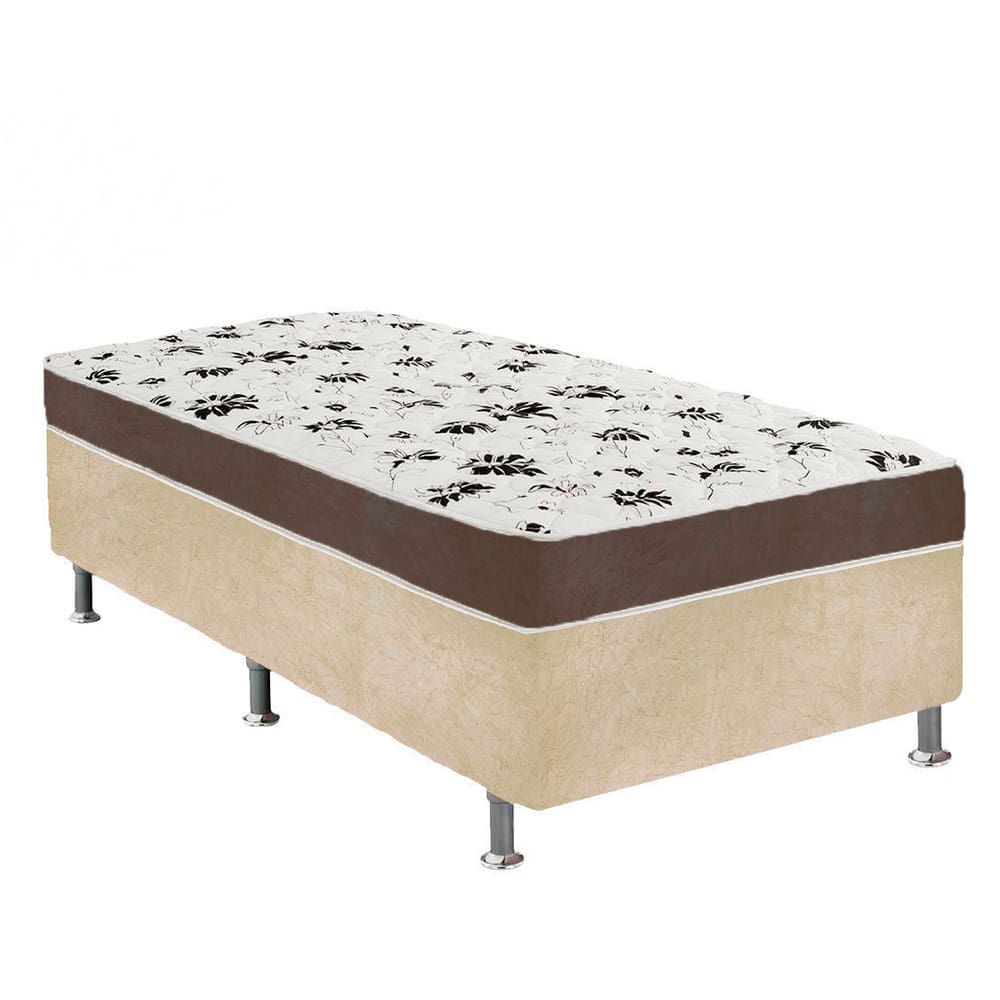 Cama Box Solteiro Suede Bege + Colchão Solteiro Suede Marrom Orto Molas Ensacada 88x188x55