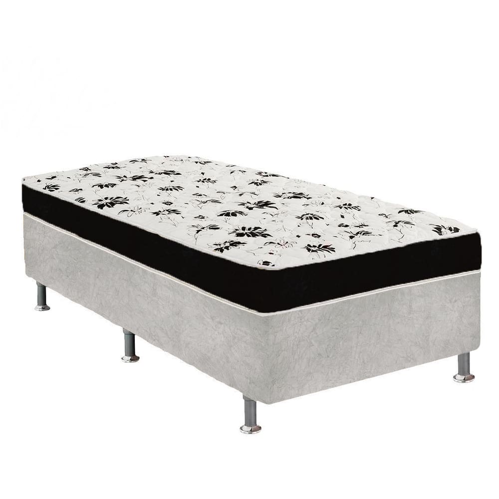Cama Box Solteiro Suede Cinza + Colchão Solteiro Suede Preto Orto Molas Ensacada 88x188x55