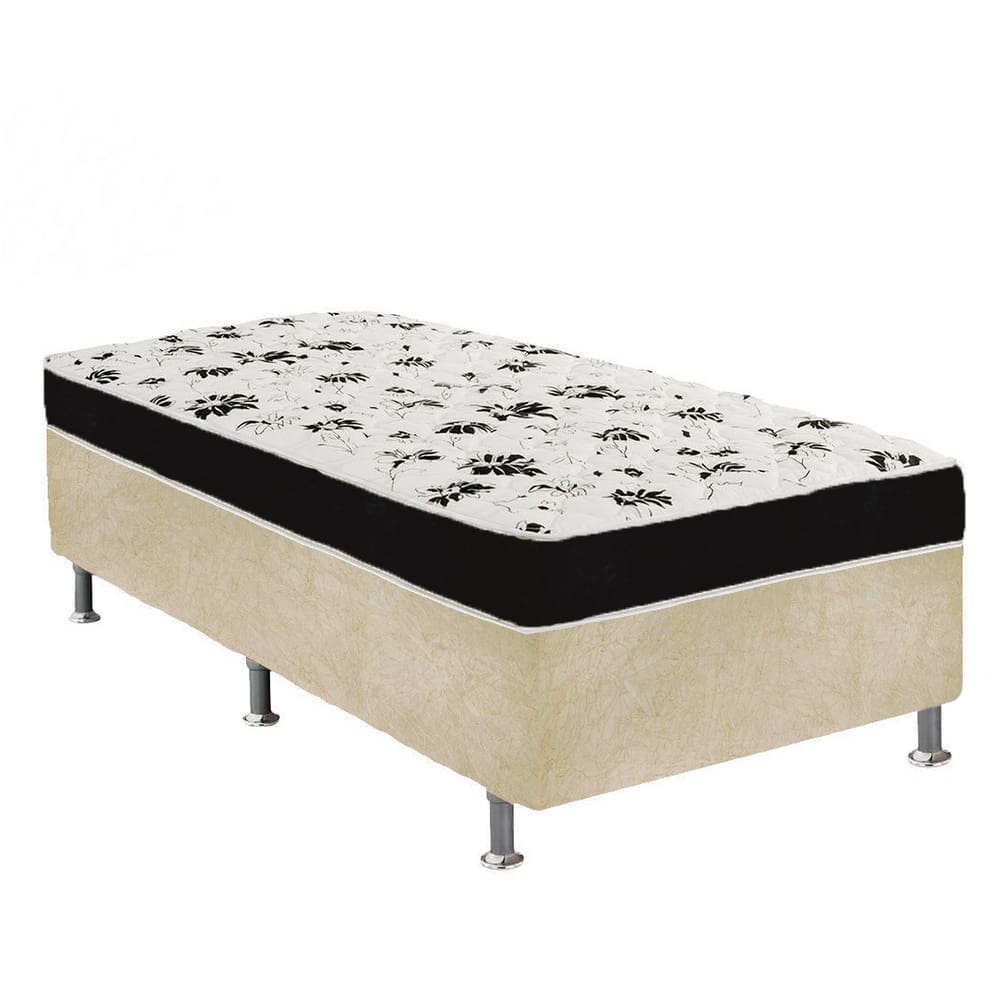 Cama Box Solteiro Suede Bege + Colchão Solteiro Suede Preto Orto Molas Ensacada 88x188x55
