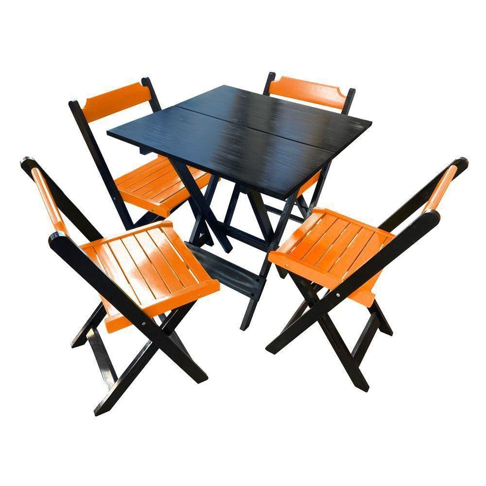 Mesa De Madeira Dobrável Preto 70x70 Com 4 Cadeiras Dobráveis Laranja - Laranja