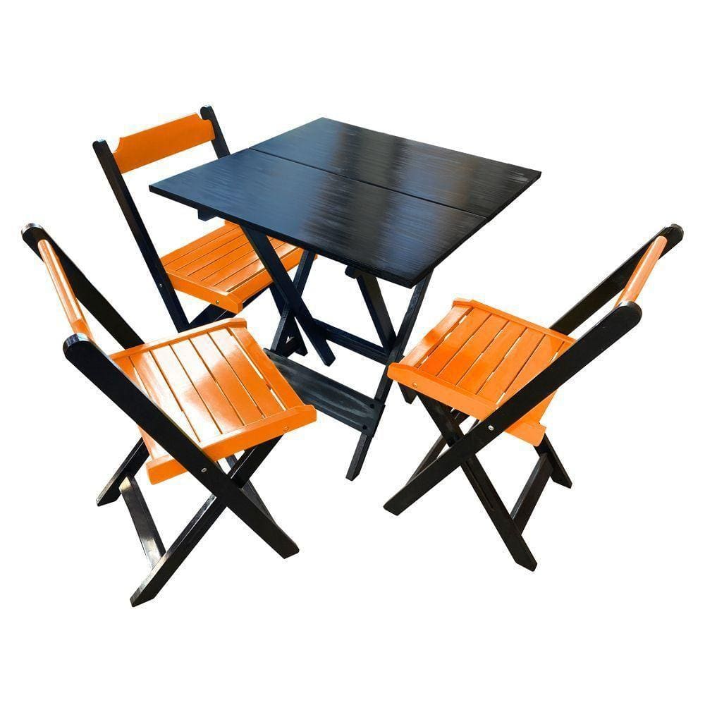 Mesa De Madeira Dobrável Preto 70x70 Com 3 Cadeiras Dobráveis Laranja - Laranja