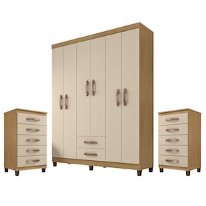 Kit Guarda Roupa Casal Porto Belo 6 Portas 2 Gavetas com 2 Cômoda 5 Gavetas Carvalho Off White Clique Chique