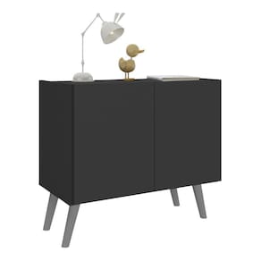 Mesa De Cabeceira Retrô 2 Portas Multimóveis Mp4133 Preta/cinza Preto/cinza