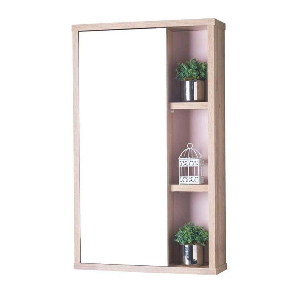 Espelho para Banheiro com Armário Milano Carvalho e Rosa Claro