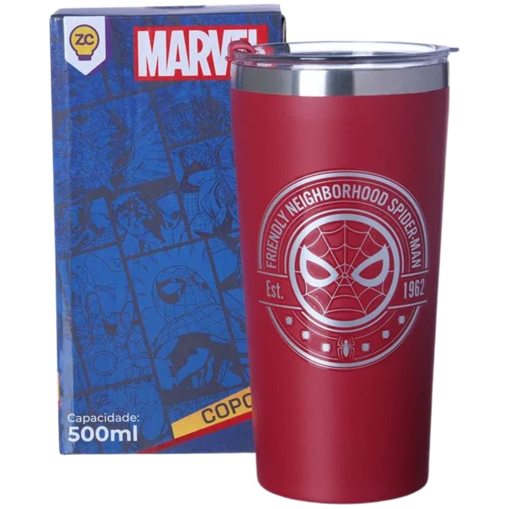 Copo Térmico Homem Aranha Spider-Man Gelado Quente 500ml Com Tampa Abridor Garrafas Oficial Marvel