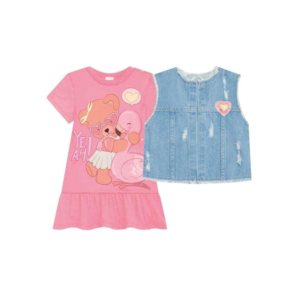 Vestido em Meia Malha e Colete em Jeans Arkansas Kukiê 65907