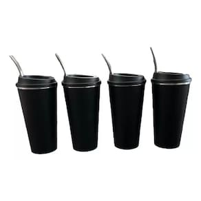 Kit 04 Copos de Tereré Verão Preto com Tampa e Bomba