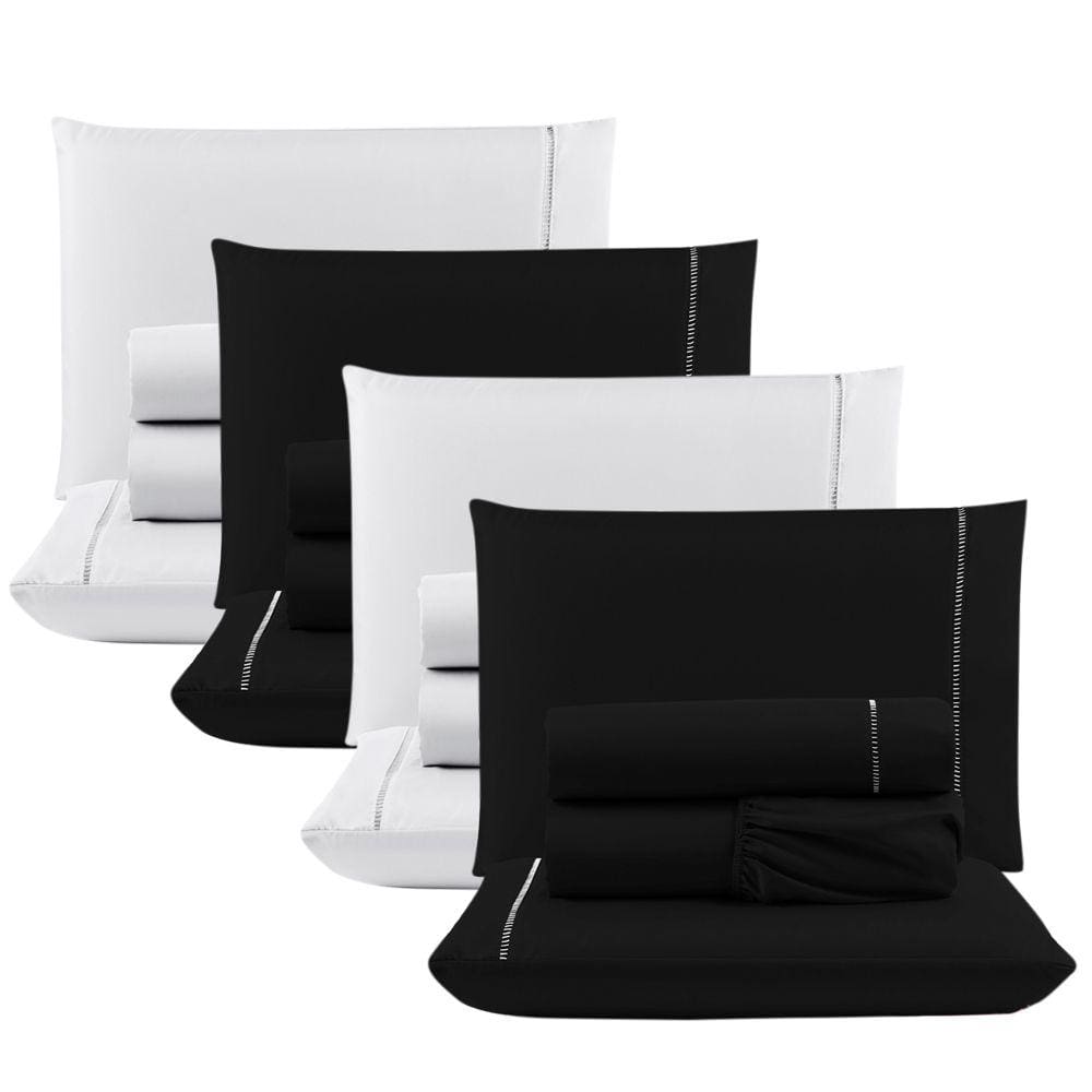 Kit c/ 4 Jogos Cama Lençol Unique Casal Padrão Micro Percal 400 Fios Ponto Palito 4 Peças - Preto + Branco