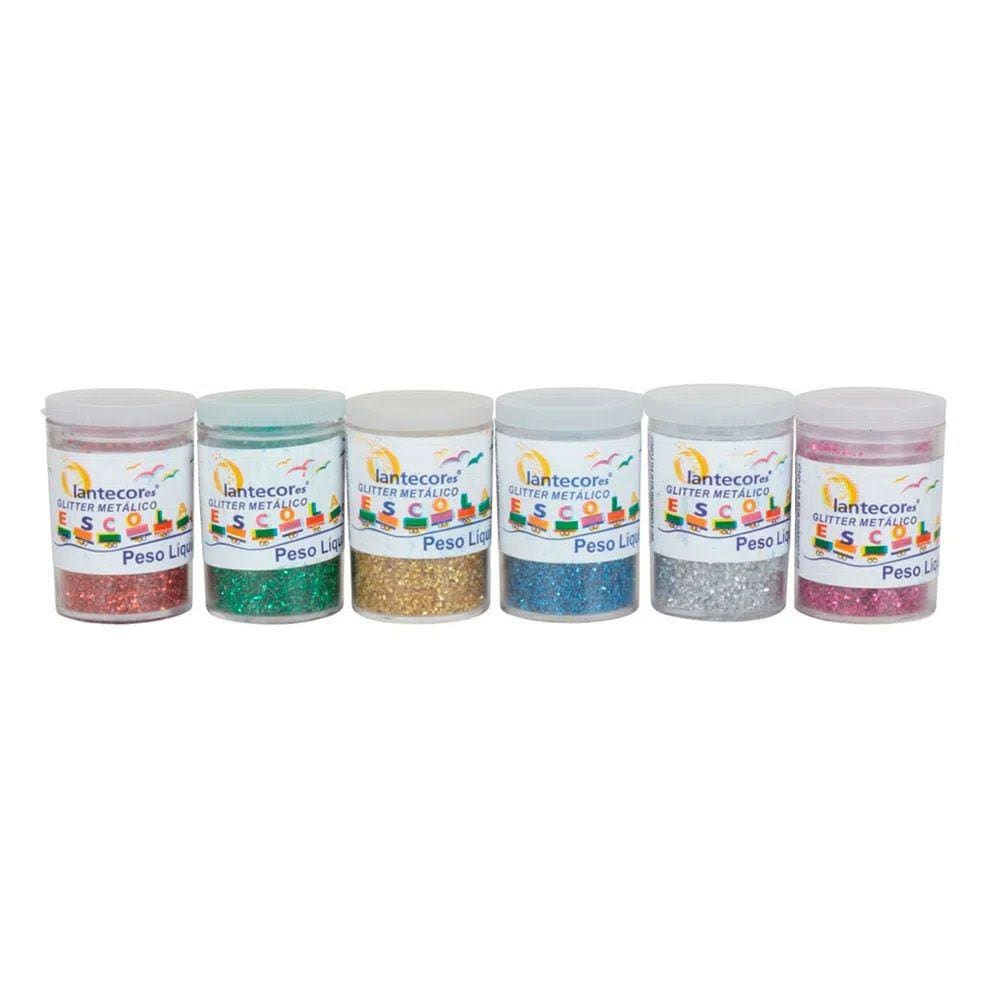Kit 06 Glitter Escolar PVC Metálico Pote 3g Lantecor | Purpurina | Brilho em Pó | Unhas | Artesanato