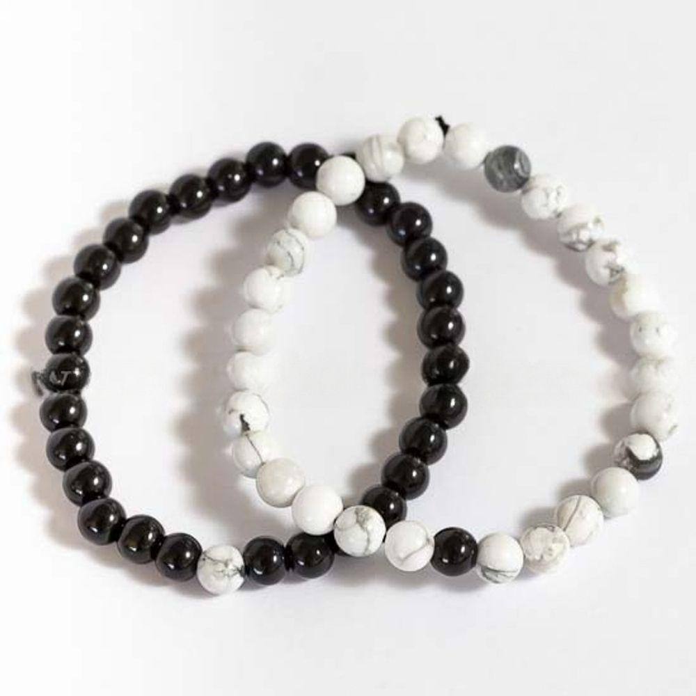 Pulseira Pedra Obsidiana Negra e Howlita Casal Bolinha 6mm