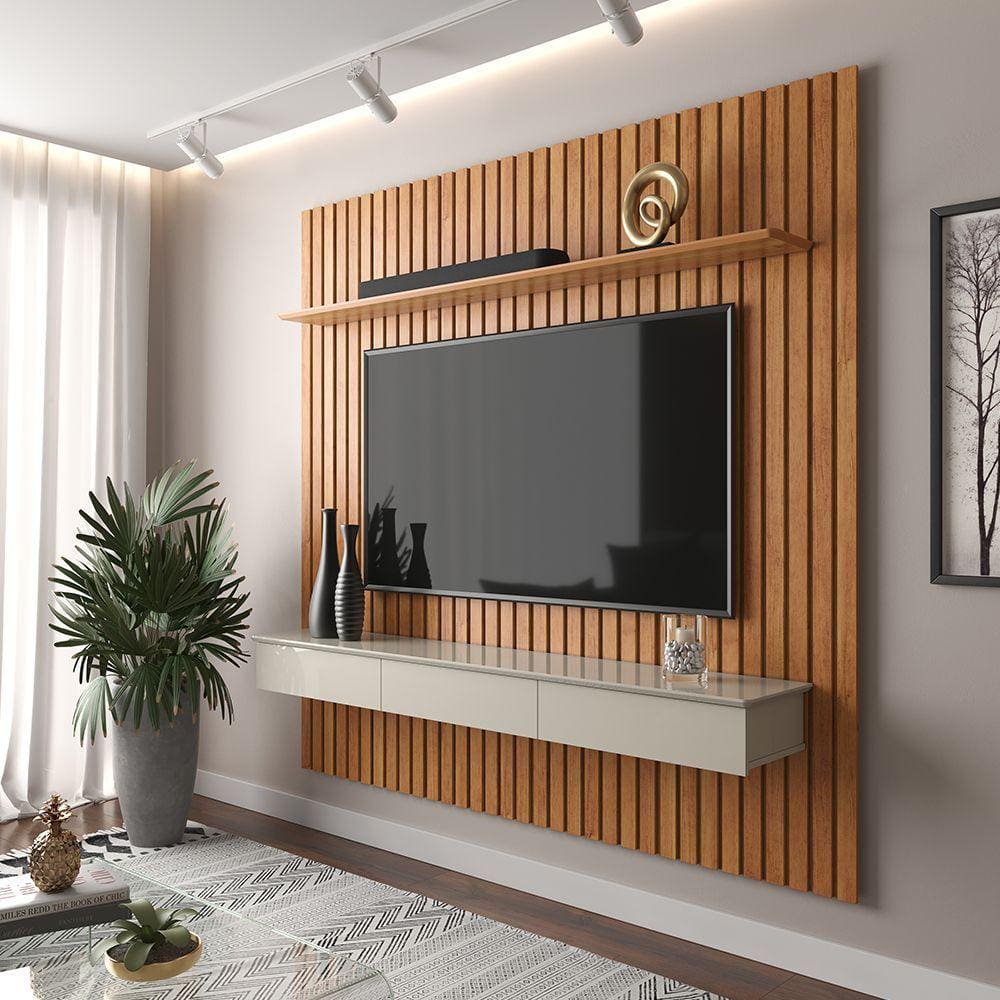 Painel Ripado 180x184cm Para TV 75 Polegadas Antares Patrimar Cinamomo/Off White