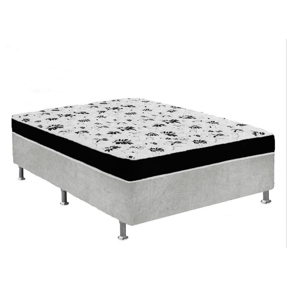 Cama Box Casal Suede Cinza + Colchão Casal Suede Preto Orto Molas Bonnel 138x188x55