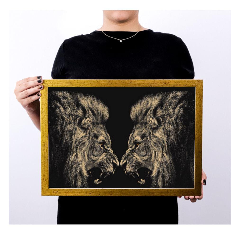 lindo quadro poster c moldura decoração retro leão drd749