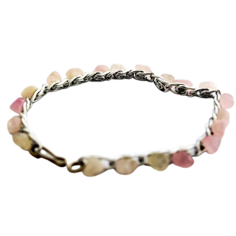 Pulseira Corrente Quartzo Rosa Natural Rolada Prateado