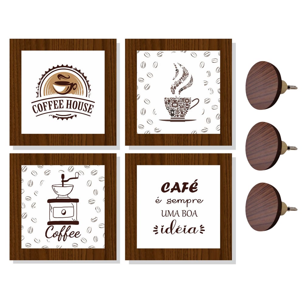 Kit Quadros Decorativos Cantinho Café e 3 Ganchos de parede