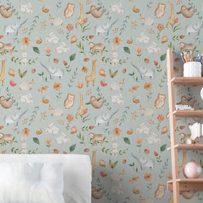 Papel de Parede Auto Colante Aquarela verde Animais safari decorativo Quarto Menino 3m