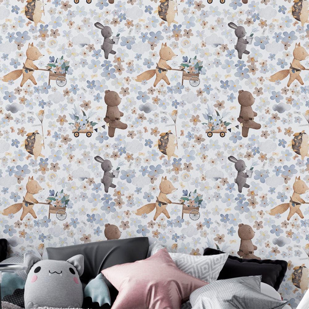 Papel De Parede Infantil Aquarela Animais Floridos Quarto Sala Cozinha Lavavel Viníl 3m
