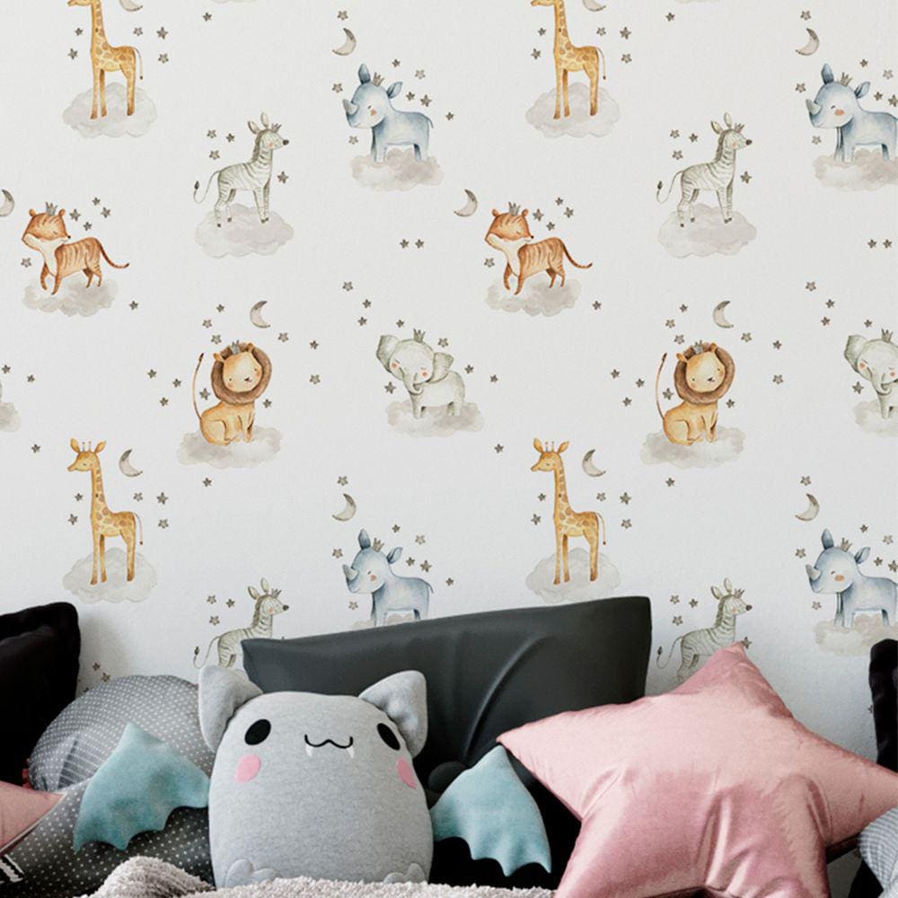Papel de parede Animais Infantil Aquarela Branca Safari Vinilico Quarto sala Auto Colante 3m